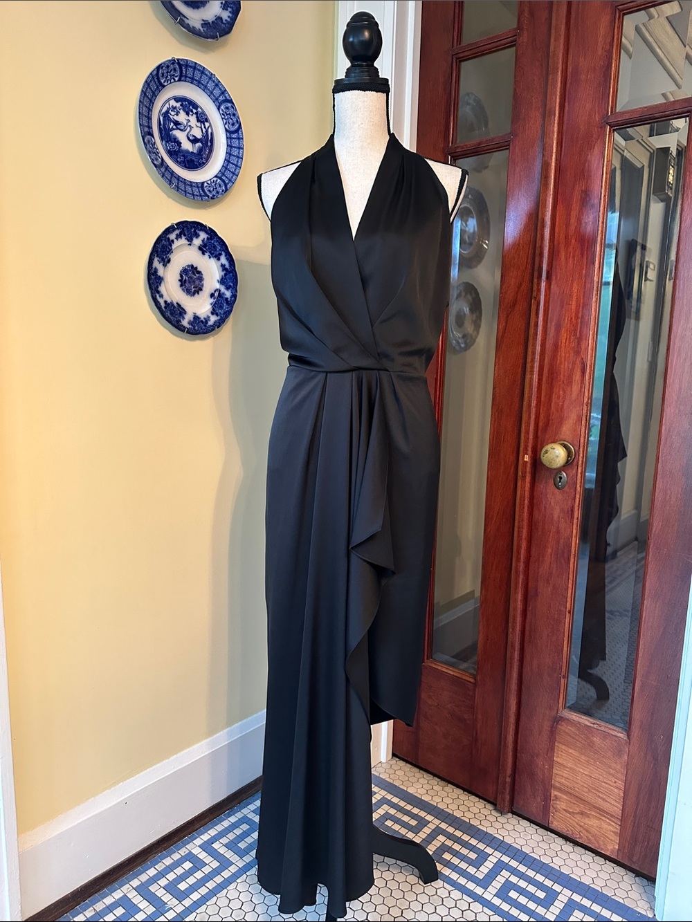 Alex Marie | Black Satin Hazel Halter Neck Draped Midi Evening Dress, Size 16